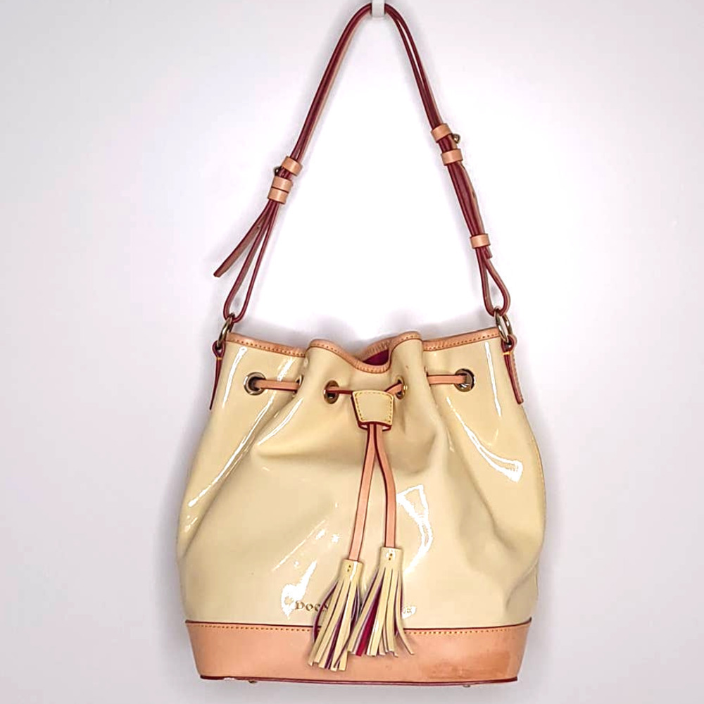 Dooney Bourke White Patent & Vachetta Leather Drawstring Bucket Shoulder Bag